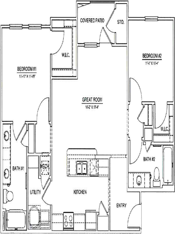 Plan B floor plan with 2 bedrooms, 2 bathrooms, and 1050 square feet